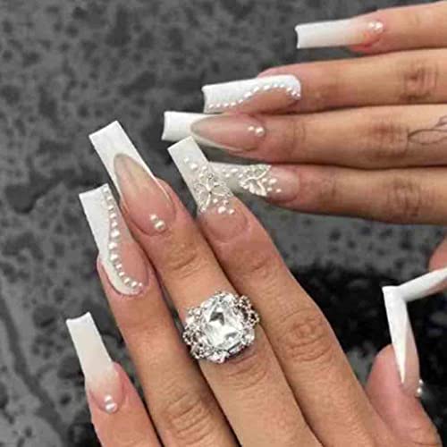 Foccna Long White Press On Nails Pearl Francês Falso Unhas Tampa Full Cofin