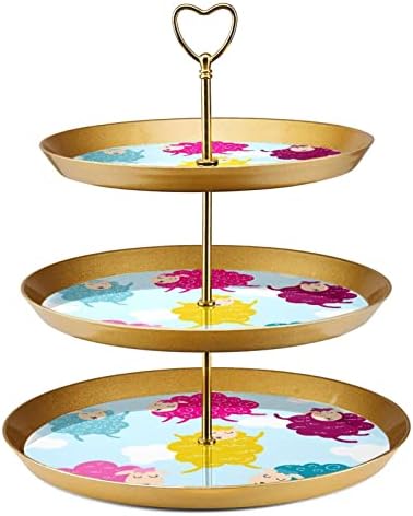 3 Placa de fruta de cupcakes de 3 camadas de sobremesa Plástico para servir suporte de exibição para casamento de aniversário Decorações de chá de chá de chá de bebê redondo, colorido ovelha de animal fofo