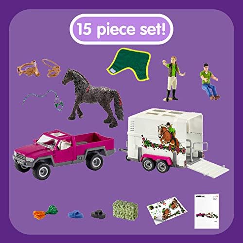 Schleich Horse Truck and Trailer Toys - Caminhão de picape e trailers de 14 peças, com estatueta de cavalos, figura de ação do piloto e acessórios de pônei, para meninas e meninos de 5 anos e acima