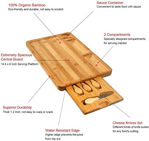 Placa de queijo de bambu orgânica Niuxx com 4 facas de queijo conjunto para cozinha, 2 compartimentos e 1 molho, prato de charcuterie, bandeja de porção de retângulo com gaveta de talheres escondidos para festa