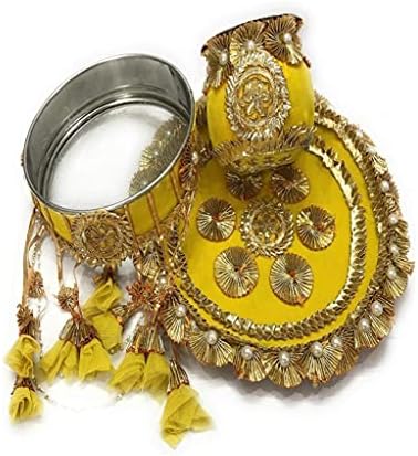 GOTA GOLDEN E PERRA DO DOUNIZAÇÃO Com designer Chalni Tradicional Amarelo Velvet Karva Chauth Thali Conjunto Combo/Pooja
