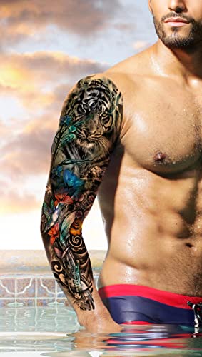 Tatuagens temporárias de manga cheia Padoun, tatuagens de manga temporária de tigre de peixes de 8 folhas para homens, homens
