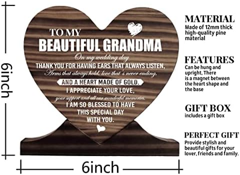 Avó da noiva Placa de madeira impressa na noiva, a avó do noivo Gift Wood Plening Heart, Heart Wood Sign, para minha linda avó no meu dia de decoração do dia do casamento, o presente da avó noiva