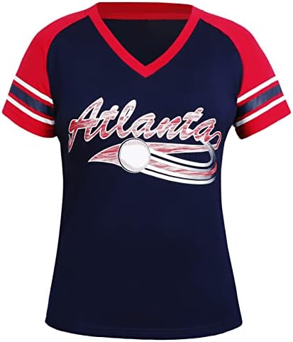 Geneisteck Womens Atlanta City Baseball v Neck Fãs Raglan T -shirts - Navy & Red