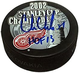 Chris Chelios assinou o Detroit Red Wings Stanley Cup Champs 2002 Puck - HOF 13 - Pucks de NHL autografados