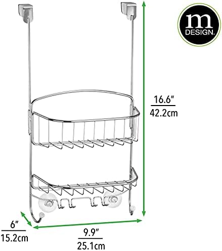 Mdesign Aço sobre a porta pendurada Organizador de armazenamento de caddy com 2 cestas, 6 ganchos - prateleira para banheiro