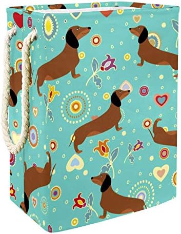 Indomer Dachshunds Dog On Turquoise Floral Background 300D Oxford PVC Roupas à prova d'água cesto de roupa grande para roupas de cobertores Toys no quarto