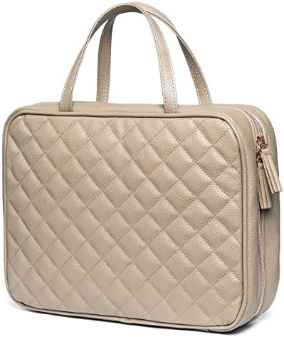 MS adorável bolsa de viagem em couro para mulheres - grande tamanho de cosméticos com 4 bolsos - hardware de ouro rosa e interior de cetim - tan