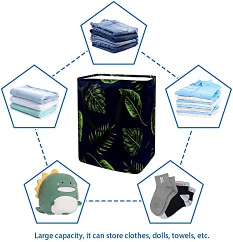 Tropical Leaf Navy Blue Print Lavanderia dobrável cesto de roupa, cestas de lavanderia à prova d'água 60L Armazenamento