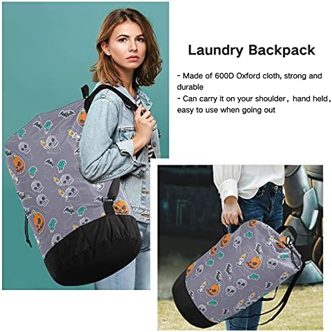 Scary Pumpkin Halloween Laundry Bag mochila para lavanderia pesada com alças de ombro Handles Travel Saco de lavanderia Fechamento