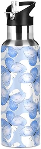 Alaza linda garrafa de água de borboletas azuis com tampa de palha a vácuo Isolado aço inoxidável Thermo Flask Bottle 32oz