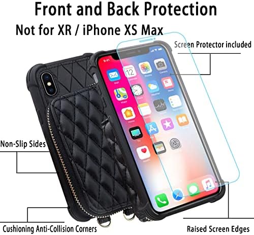 Monasay Zipper Cartlet Case para iPhone X/XS, [Protetor de tela de vidro] [Bloqueio RFID] Flip Leather Bolsa Tampa com suporte de cartão e cinta de cordão de ombro cruzado, preto, preto