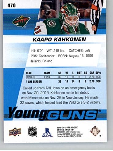 2019-20 Deck superior #470 Kaapo Kahkonen Young Guns RC Rookie Minnesota Wild NHL Hockey Trading Card