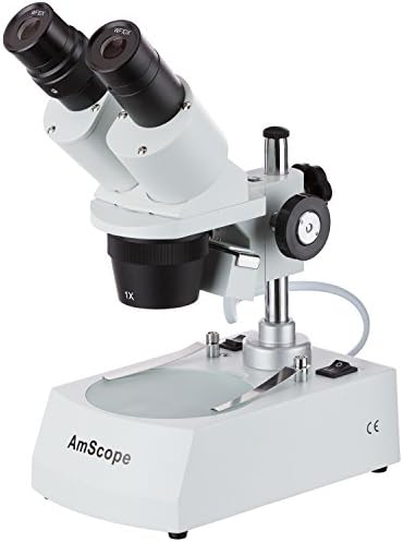 AMSCOPE SE305R-PX Microscópio estéreo binocular montado para a frente, oculares WF5X e WF10X, ampliação 5x/10x/15x/30x, objetivos de 1x e 3x, iluminação superior e inferior de halogênio, placa de estágio preto/branco reversível, suporte de pilar, 120V