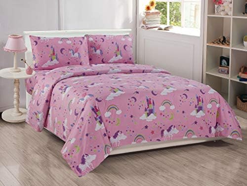 Coleção em casa edredom size e lençol de lençol castelo unicórnio arco-íris lavanda rosa roxo multicolor para meninas