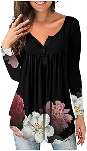 Balakie feminina túnica floral de manga comprida Henley V Botões de pescoço na camisa da blusa casual
