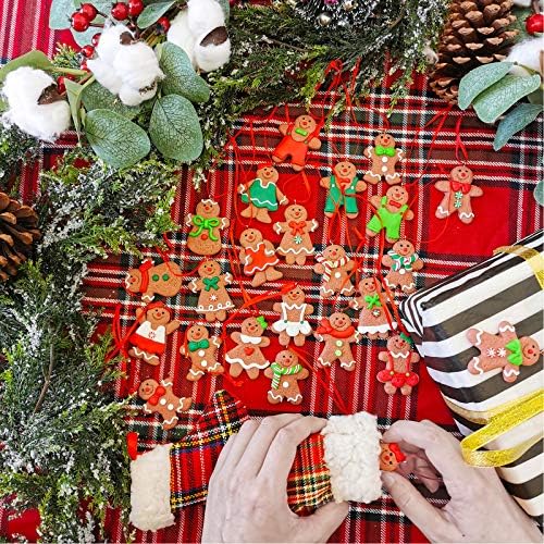Conjunto Winlyn de 24 Ornamentos de árvore de gengibre de gengibre pendurados de Natal Ornamentos de argila a gragia
