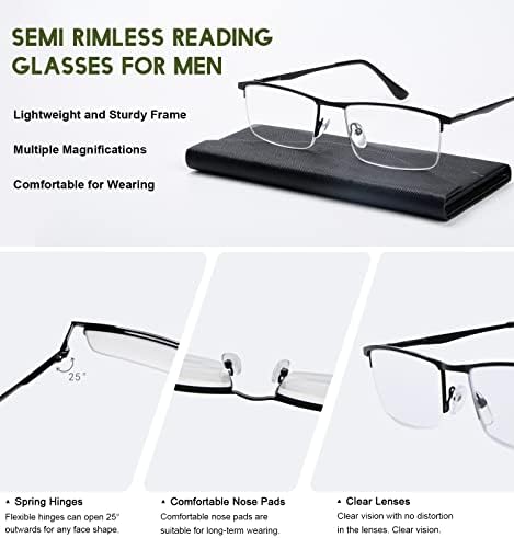 Reducblu 3 pacote semi -bimless de óculos para homens - leitor de moldura de metal clássico