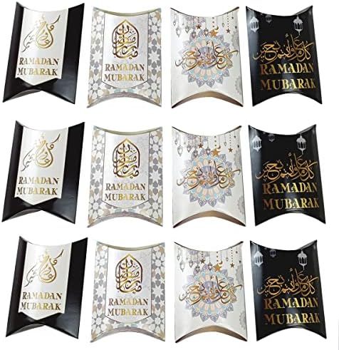 Kymy 12pcs Eid Mubarak Candy Boxes, sacolas de doces muçulmanos Ramadan Goodie para Snack Sugar Chocolate, Eid Mubarak Gift Wrap Boxes com fita para decorações de festas Eid