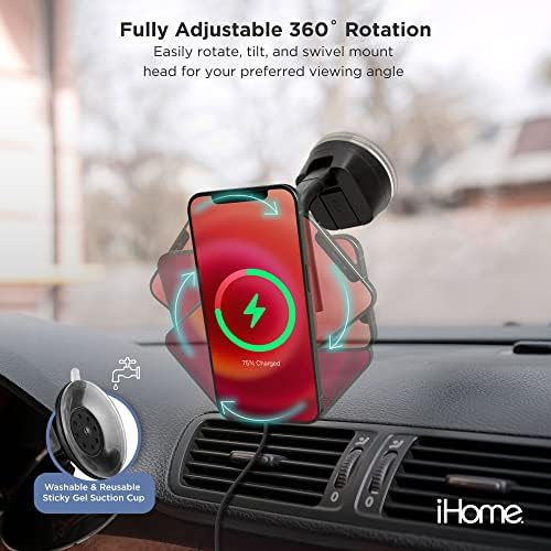 Carregador de carro sem fio magnético IHOME, suporte sem fio para suporte para telefone, converte em uma ventilação de ar, pára