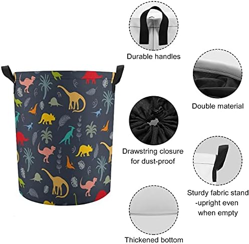 Silhuetas de dinossauros Round Round Sagas de lavanderia cesta de armazenamento à prova d'água com alças e tampa de fechamento de cordão