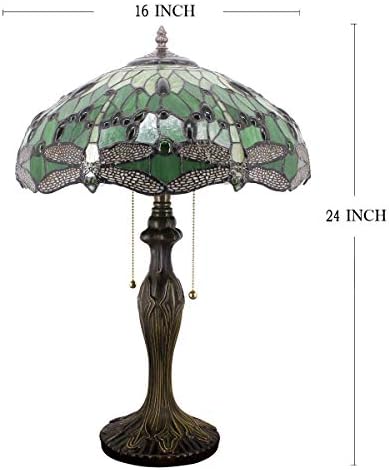 WerFactory Tiffany Style Table Lamp Green manchado de vidro Dragonfly Lâmpada de cabeceira 16x16x24 polegada Mesa Leitura de metal