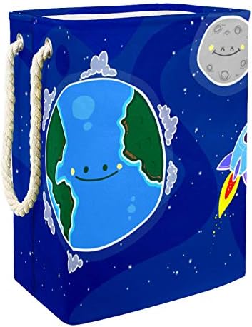Mapolo Laundry Horty Cartoon Earth com foguete cesto de armazenamento de lavanderia dobrável com alças destacáveis ​​bem segurando