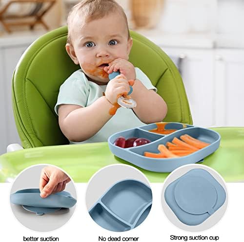 Conjunto de alimentação para bebês de silicone SFCCMM | Placa de sucção dividida em silicone e tigela com o garfo de colher