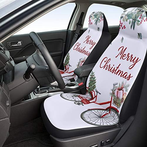Feliz Natal Árvore da árvore de bicicleta Capas de assento de carro imprimido de 2 peças Conjunto de peças de carro frontal universal Cusho