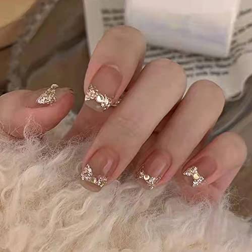 Nude Crushed Diamond Bow Unhas Falsas Glue de adesivo de unhas curtas em unhas falsas, manicure artificial de dedos,