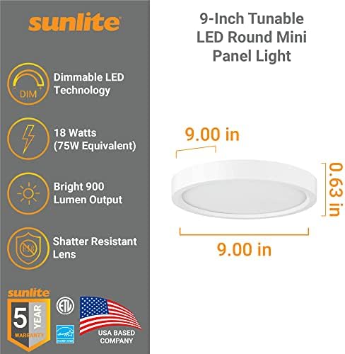 Sunlite 81286 LED ajustável LED de luminária mini-painel redonda, 18 watts, 1100 lúmens, 30k/40k/50k CCT, diminuição,
