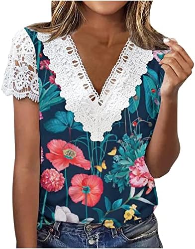 Mulheres Tops Tops de renda Trimpar vshirts de pescoço camisa básica Camisa básica de túnica floral camiseta de túnica