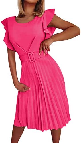 MASHUI camisa vestidos de verão Mulheres Soild Print Flutter Sleeve Pleed Work Dress com cinto o pescoço vestidos elegantes