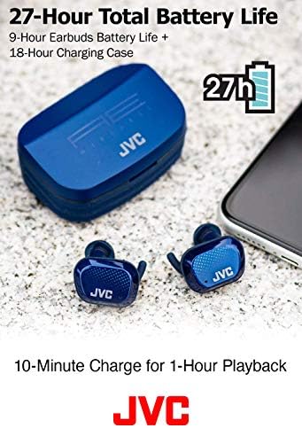JVC ha -ae5tb AE Sport verdadeiramente fones de ouvido sem fio - em fones de ouvido Bluetooth, 27 horas de bateria com estojo de carregamento, toque e palestra, controle do sensor de toque, IP55 à prova d'água