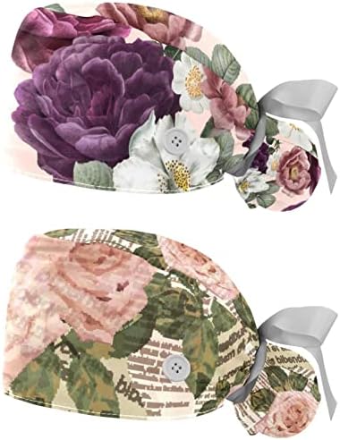 Chapéus de esfrega floral romântico para mulheres longas cabelos longos, boné de trabalho com botão e banda de suor, chapéus de amarração