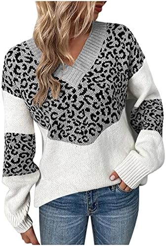 Suéteres de pulôver com estampa de leopardo para mulheres v pescoço de manga comprida moda casual bloco de malha de malha