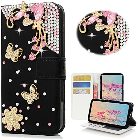 Stenes Samsung Galaxy Note 8 Case - Stylish - 3D Bling Bling Bling Crystal S -Link Butterfly Floral carteira Slots de cartão de crédito Dobra
