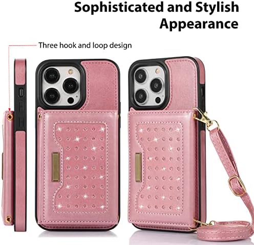 Rungos iPhone 14 Pro Case Crossbody, capa de bolsa de couro de luxo com bloqueio de bloqueio RFID, caça -níqueis, presente de ombro para mulheres, estação de telefone à prova de choque 6.1 '' Rose Gold