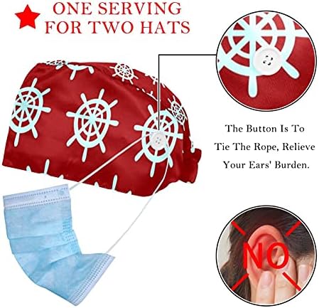 2 pacotes tampa de trabalho ajustável com fita de suor de botão para enfermeiras femininas chapéu de rabo de cavalo vermelho