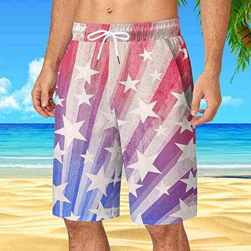 Independence Day Shorts masculinos Casual Summer Beach Drawstring USA Flag Stripe Print Shorts Diário de desgaste diário com bolsos