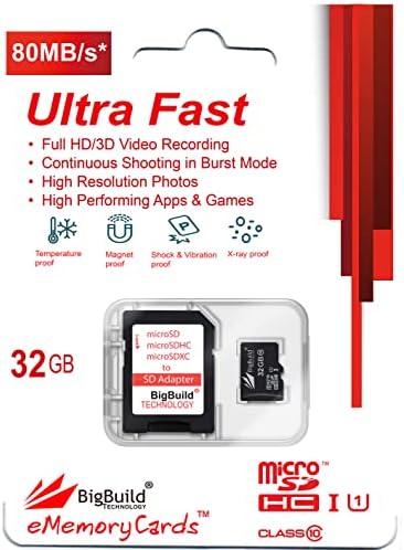 BigBuild Technology 32 GB Ultra Fast 80MB/S MicrosDHC Card para Samsung Galaxy M32, M40, M42, M51, M52, M62 Telefone celular