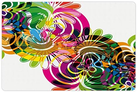 Tapete de estimação moderno lunarable para comida e água, arco-íris design abstrato colorido com floral floral vívido como formas redondas estampas, retângulo de borracha sem deslizamento para cães e gatos, multicoloria