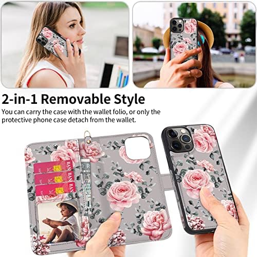 Caixa de carteira do iPhone 13 Hoggu IPHONE - Magnetic Iphone 13 Pro Case de Case com RFID Bloqueio de bloqueio, alça de mão, capa de capa de couro FLORAL PU PU para mulheres meninas （cinza）