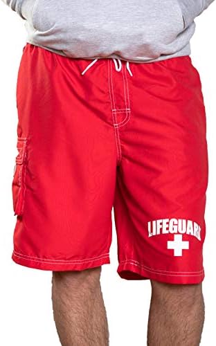 Salva -vidas licenciado oficialmente shorts de tábua de homens vermelhos troncos de natação com bolso lateral, homens e meninos, ótimos para praia e piscina