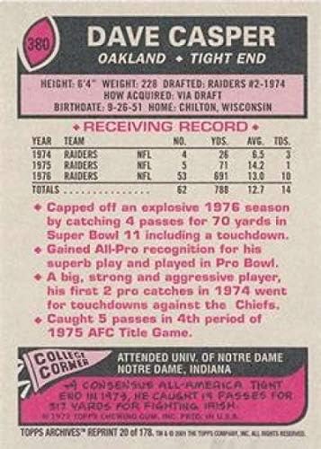 2001 Topps Archive Football 20 Dave Casper Oakland Raiders Official Retro Theme NFL Football Trading Card em condição bruta