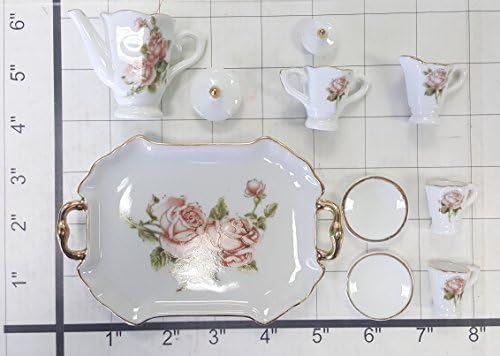 Conjunto de chá de porcelana rosa colecionável em miniatura: bule de chá, tigela de açúcar, creme, 2 xícaras de chá, servir de prato