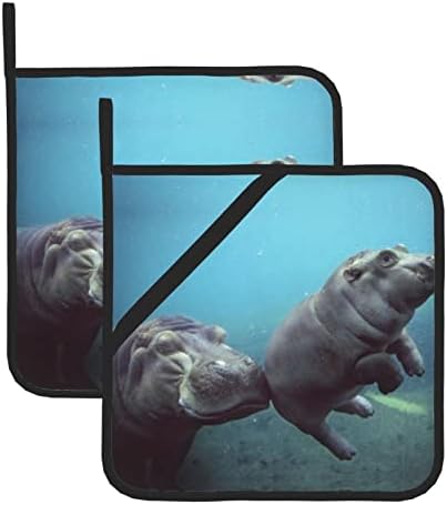 Suportes fofos de panela de hipopótamo para bebês para forno de cozinha Conjunto de 2 peças Máquina lavável Potholders