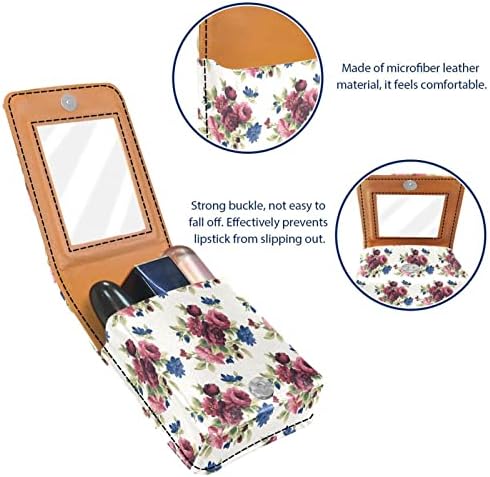 Caixa de batom floral azul vermelho azul em aquarela com espelho para bolsa portátil Mini Makeup Bag Travel Cosmético bolsa de couro