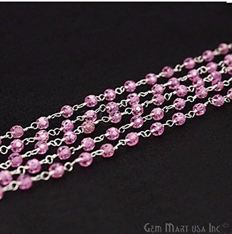 Binchas de zircão rosa de 3 ft Rosário de facete de zircão, 2,5-3mm de fio de arame banhado a prata embrulhado