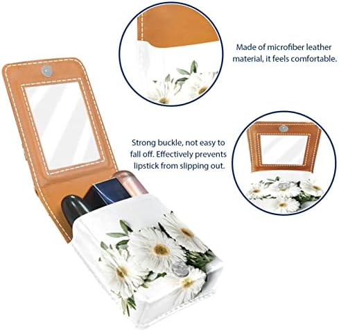 Caixa de batom pequeno de margarida branca com espelho para bolsa, suporte de maquiagem cosmética de couro durável, kit de armazenamento de cosméticos portáteis de viagem